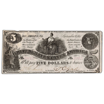 SOLD United States 1861 Confederate States of America $5 Five Dollars Note T-36 - VF