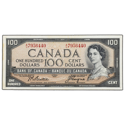 SOLD $100 1954 Bank of Canada Note Beattie-Coyne A/J Prefix BC-43a - Light Staining