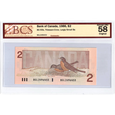 SOLD $2 1986 Bank of Canada Note BGL Prefix Large/Small B's BC-55b - BCS AU-58
