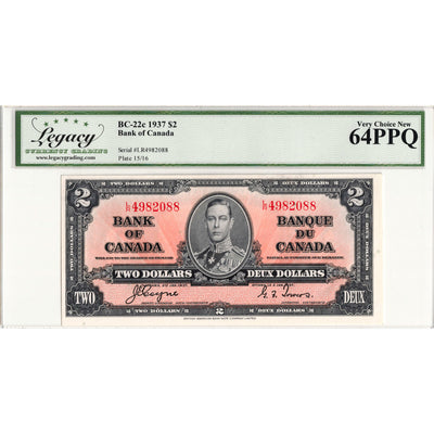 $2 1937 Bank of Canada Note Coyne-Towers L/R Prefix BC-22c - Legacy Ch UNC-64 PPQ