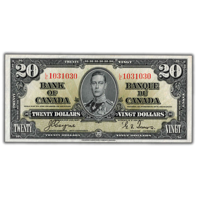 $20 1937 Bank of Canada Note Coyne-Towers L/E Final Prefix BC-25c - AU (Lt. Stain)
