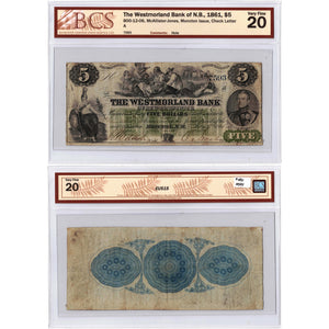 SOLD $5 1861 Westmorland Bank of N.B. Chartered Note CH #800-12-06 - BCS VF-20 (hole)