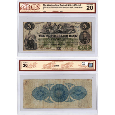 SOLD $5 1861 Westmorland Bank of N.B. Chartered Note CH #800-12-06 - BCS VF-20 (hole)