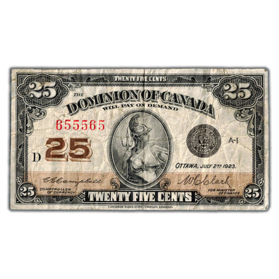 25 Cents 1923 Dominion of Canada Shinplaster Note DC-24c - Fine (pinholes)