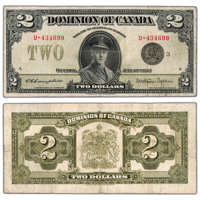 SOLD $2 1923 Dominion of Canada Note Black Seal Series U DC-26j - F/VF