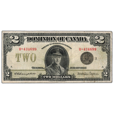 SOLD $2 1923 Dominion of Canada Note Black Seal Series U DC-26j - F/VF