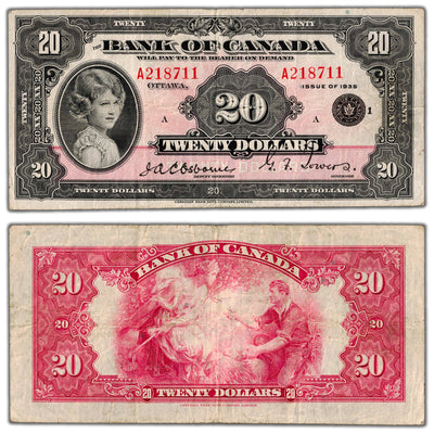 SOLD $20 1935 Bank of Canada Note English Text Small Seal BC-9b- VF