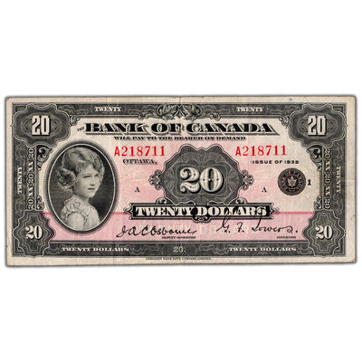 SOLD $20 1935 Bank of Canada Note English Text Small Seal BC-9b- VF