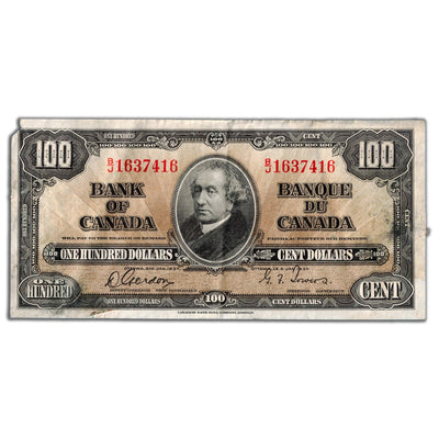 SOLD $100 1937 Bank of Canada Note Gordon-Towers B/J Prefix BC-27b - Missing Corner Tip
