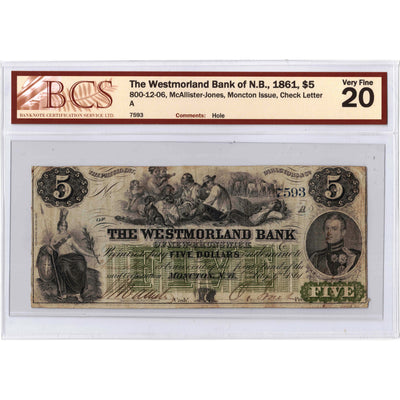 SOLD $5 1861 Westmorland Bank of N.B. Chartered Note CH #800-12-06 - BCS VF-20 (hole)