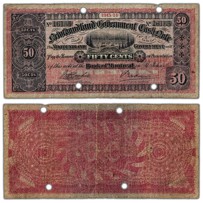 50 Cents 1913-4 Newfoundland Government Cash Note NF-8d - Punched Cancelled