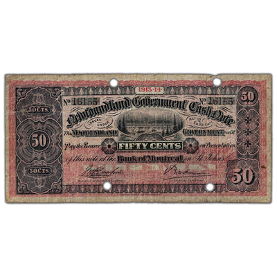 50 Cents 1913-4 Newfoundland Government Cash Note NF-8d - Punched Cancelled