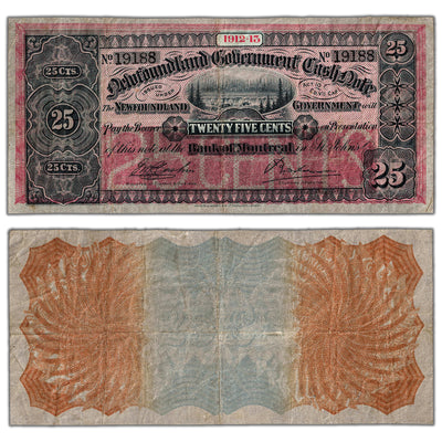 25 Cents 1912-13 Newfoundland Government Cash Note NF-7c - VF+