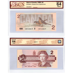 SOLD $2 1986 Bank of Canada Note EBX Replacement BC-55bA-i - BCS Ch UNC-64