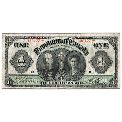 SOLD $1 1911 Dominion of Canada Note Black Line Series W DC-18d-i - Fine