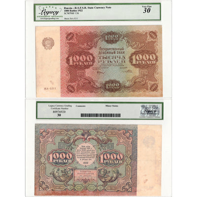 SOLD Russia 1922 1000 Rubles Note P #136 - Legacy VF-30