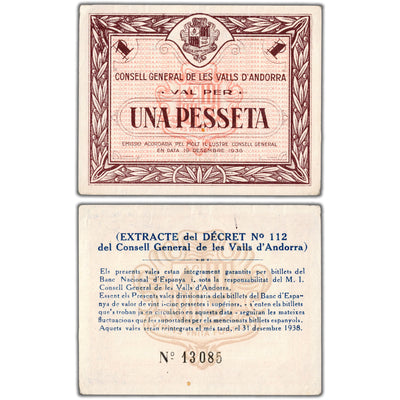 Andorra 1936 1 One Pesseta Note P #6 - EF