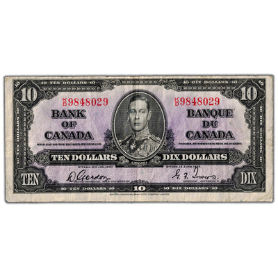 $10 1937 Bank of Canada Note Gordon-Towers K/D Prefix BC-24b - VF