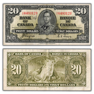 SOLD $20 1937 Bank of Canada Note Coyne-Towers K/E Prefix BC-25c - VF (writing)