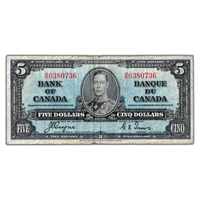 $5 1937 Bank of Canada Note Coyne-Towers H/S Prefix BC-23c - Fine