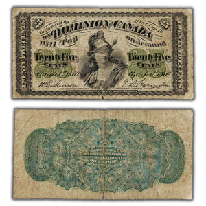SOLD 25 Cents 1870 Dominion of Canada Shinplaster Note DC-1c - VG/F