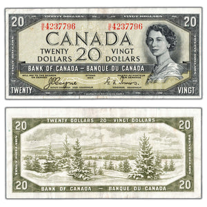 SOLD $20 1954 Bank of Canada Note Devil Face B/E Prefix BC-33a - VF