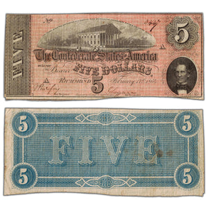 SOLD United States 1864 Confederate States of America $5 Five Dollars Note - Circulated
