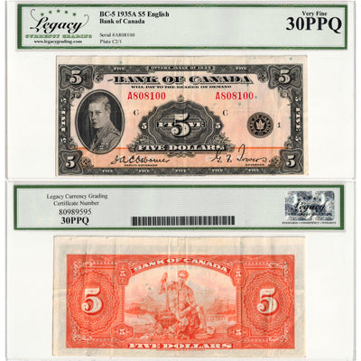 SOLD $5 1935 Bank of Canada Note English Text BC-5 - Legacy VF-30 PPQ
