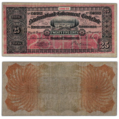 25 Cents 1911-12 Newfoundland Government Cash Note NF-7b - VF (minor pinholes)