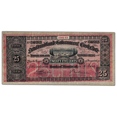 25 Cents 1911-12 Newfoundland Government Cash Note NF-7b - VF (minor pinholes)