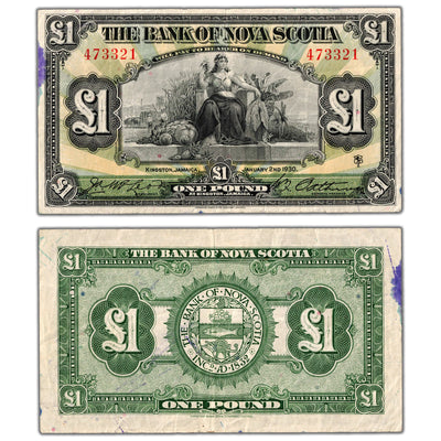 1 Pound 1930 Bank of Nova Scotia Jamaica Chartered Note #550-38-04-04 - VF+ (stain)