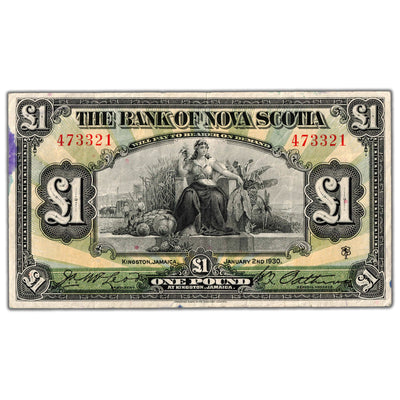1 Pound 1930 Bank of Nova Scotia Jamaica Chartered Note #550-38-04-04 - VF+ (stain)
