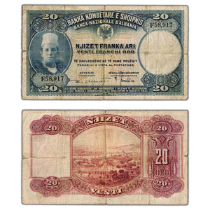 SOLD Albania 1926 20 Twenty Franka Note P #3 - Circulated (edge tears)