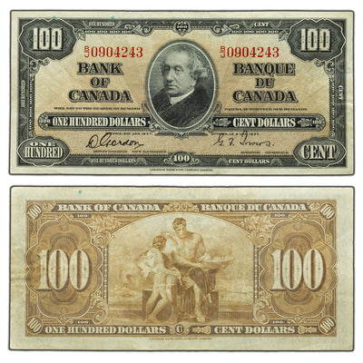 SOLD $100 1937 Bank of Canada Note Gordon-Towers B/J Prefix BC-27b - VF