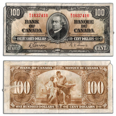SOLD $100 1937 Bank of Canada Note Gordon-Towers B/J Prefix BC-27b - Missing Corner Tip