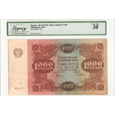 SOLD Russia 1922 1000 Rubles Note P #136 - Legacy VF-30