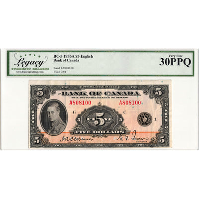 SOLD $5 1935 Bank of Canada Note English Text BC-5 - Legacy VF-30 PPQ