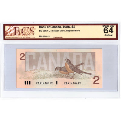 SOLD $2 1986 Bank of Canada Note EBX Replacement BC-55bA-i - BCS Ch UNC-64