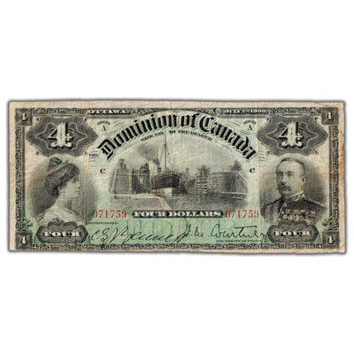 SOLD $4 1900 Dominion of Canada Note DC-16 - Fine+ (minor pinholes/back stain)