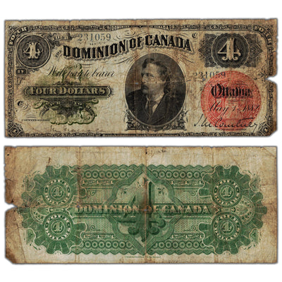 SOLD $4 1882 Dominion of Canada Note DC-10 - Missing Pieces/Holes
