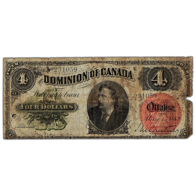 SOLD $4 1882 Dominion of Canada Note DC-10 - Missing Pieces/Holes