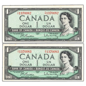 SOLD $1 1954 Bank of Canada Notes T/Y Prefix BC-37b - 2 Consecutive UNC