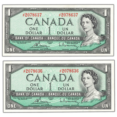 $1 1954 Bank of Canada Notes J/F Prefix BC-37c - 2 Consecutive UNC