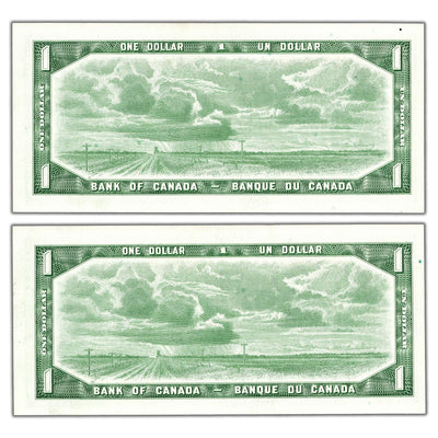 $1 1954 Bank of Canada Notes J/F Prefix BC-37c - 2 Consecutive UNC