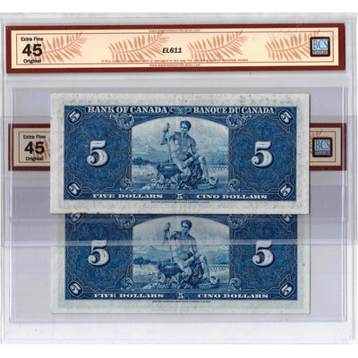SOLD $5 1937 Bank of Canada Note H/S Prefix BC-23c - 2 Consecutive BCS EF-45