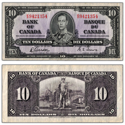$10 1937 Bank of Canada Note Gordon-Towers K/D Prefix BC-24b - VF+