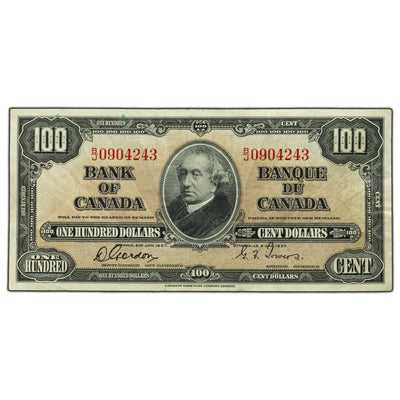 SOLD $100 1937 Bank of Canada Note Gordon-Towers B/J Prefix BC-27b - VF