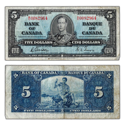 $5 1937 Bank of Canada Note Gordon-Towers W/C Prefix BC-23b - F/VF
