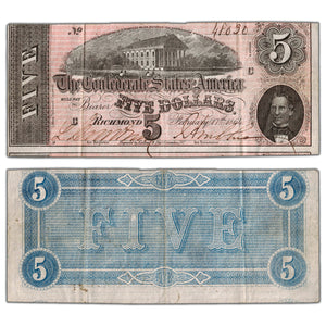 SOLD United States 1864 Confederate States of America $5 Five Dollars Note T-69 - Offcut