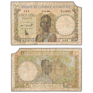 French West Africa 1953 25 Francs Note P #38 - Missing Corner